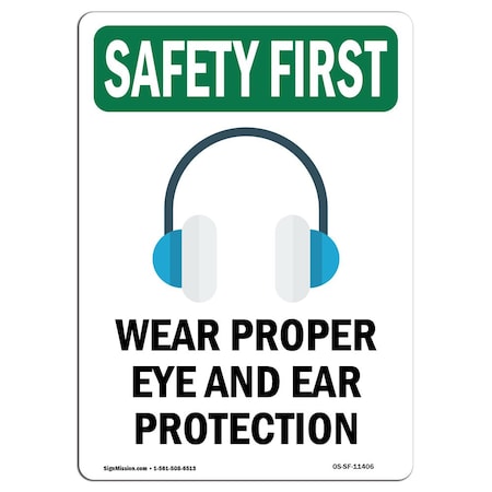 OSHA SAFETY FIRST Sign, Wear Proper Eye And W/ Symbol, 5in X 3.5in Decal, 10PK